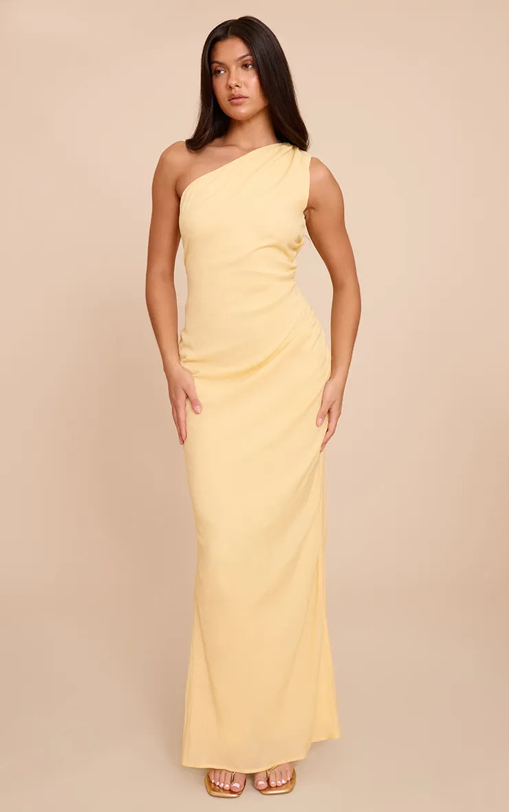Lemon Textured One Shoulder Ruched Maxi Dress | PrettyLittleThing UK