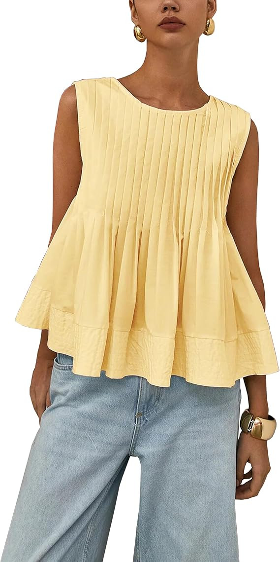 Womens Summer Pleated Peplum Sleeveless Blouse Tank Tops Round Neck Y2K Babydoll Blouse Shirt | Amazon (US)