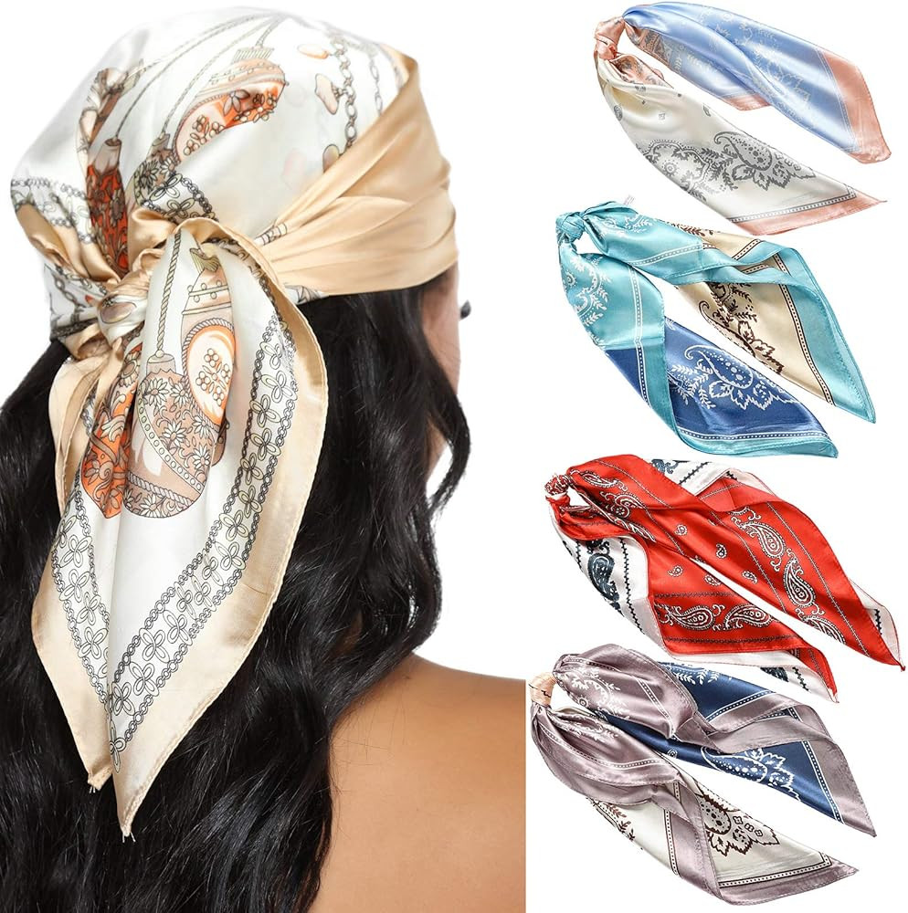 23.6 Inches Satin Head Scarves for Women 4PCS Square Silk Like Hair Scarves Silk Hair Bandanas | Amazon (US)