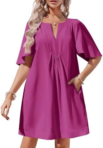 Wenrine Womens Flutter Short Sleeve Mini Dress Casual V Neck Loose Flowy Summer Dresses | Amazon (US)