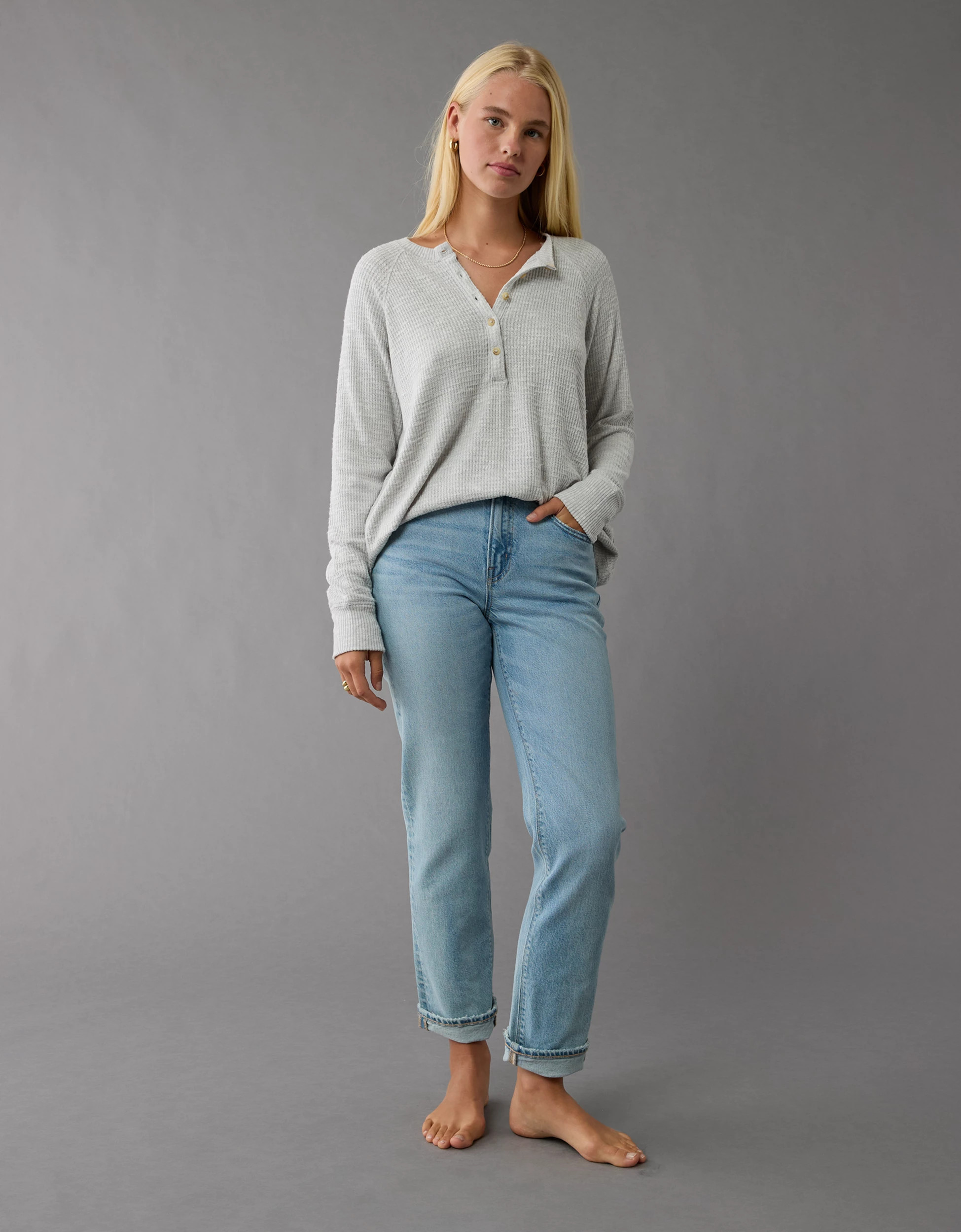 AE Plush Long-Sleeve Henley T-Shirt | American Eagle Outfitters (US & CA)