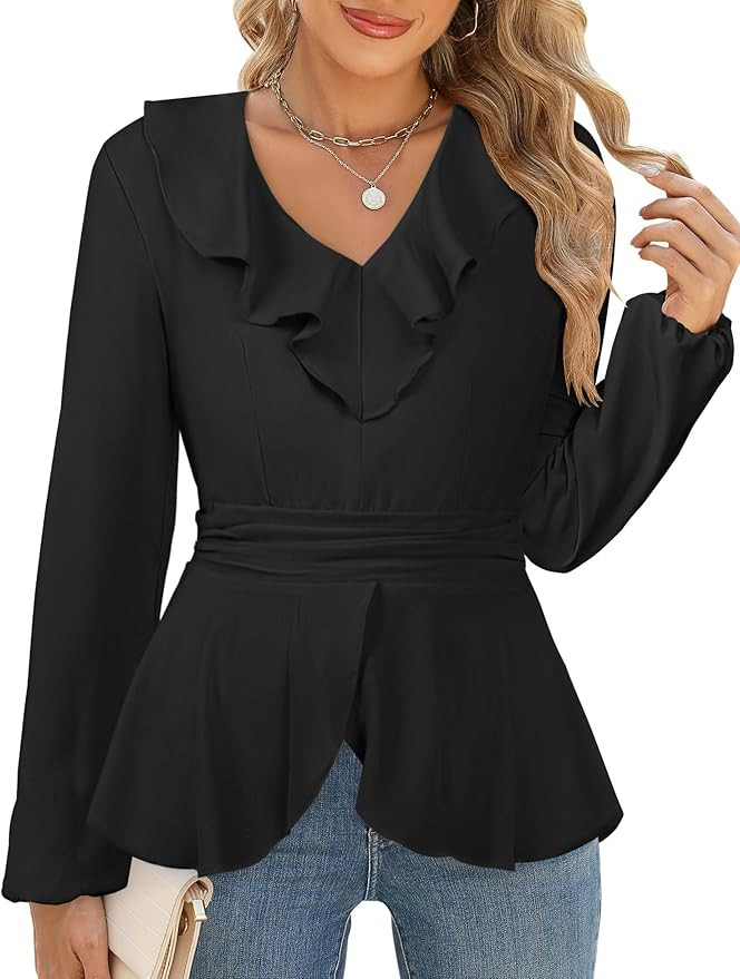 ECOWISH Women Dressy Ruffle Blouse: 2025 Long Sleeve Peplum Work Shirts Elegant V Neck Smocked Wa... | Amazon (US)