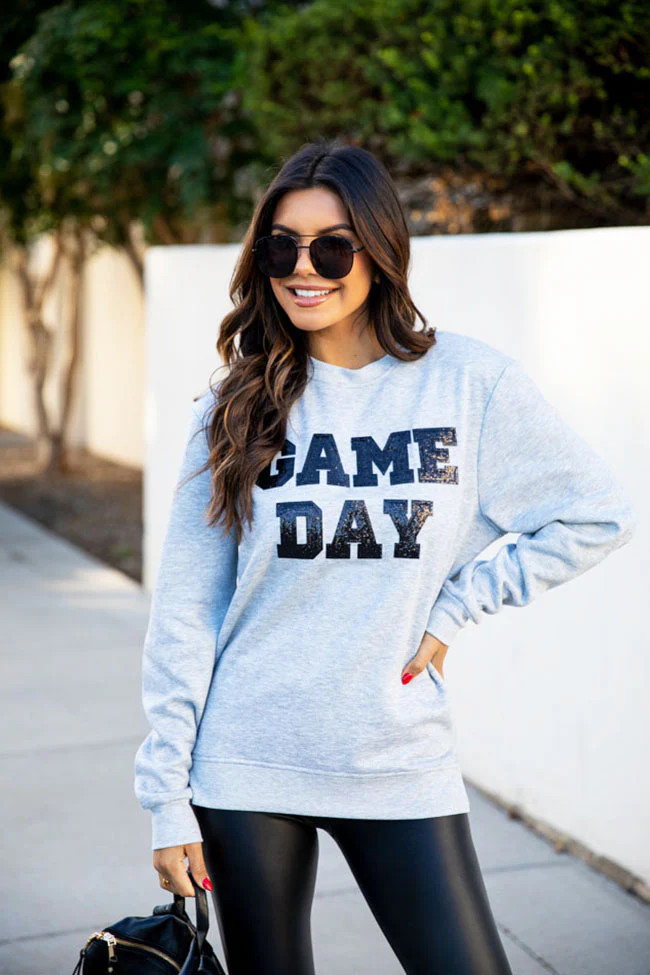 Gameday Chenille Sequins Grey Graphic Sweatshirt | Pink Lily