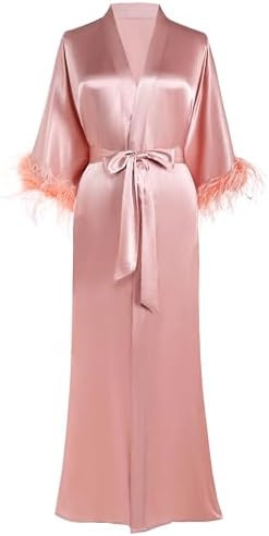 PRODESIGN Satin Kimono Robe Long Silky Bathrobe with Ostrich Feather Trim Sleepwear Wedding Bride... | Amazon (US)