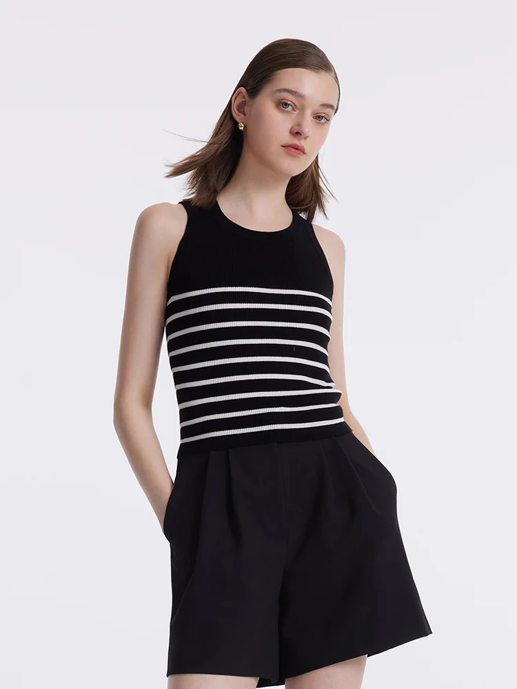 Acetate Cotton Knitted Striped Tank Top - Black and White Stripe / S | GOELIA