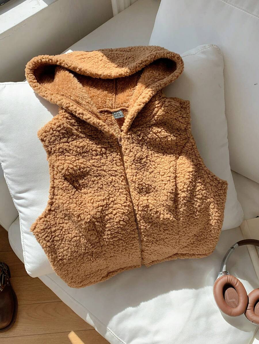 Comfortcana Women Solid Color Front Zipper Sleeveless Casual Hooded Jacket In Fall/Winter | SHEIN