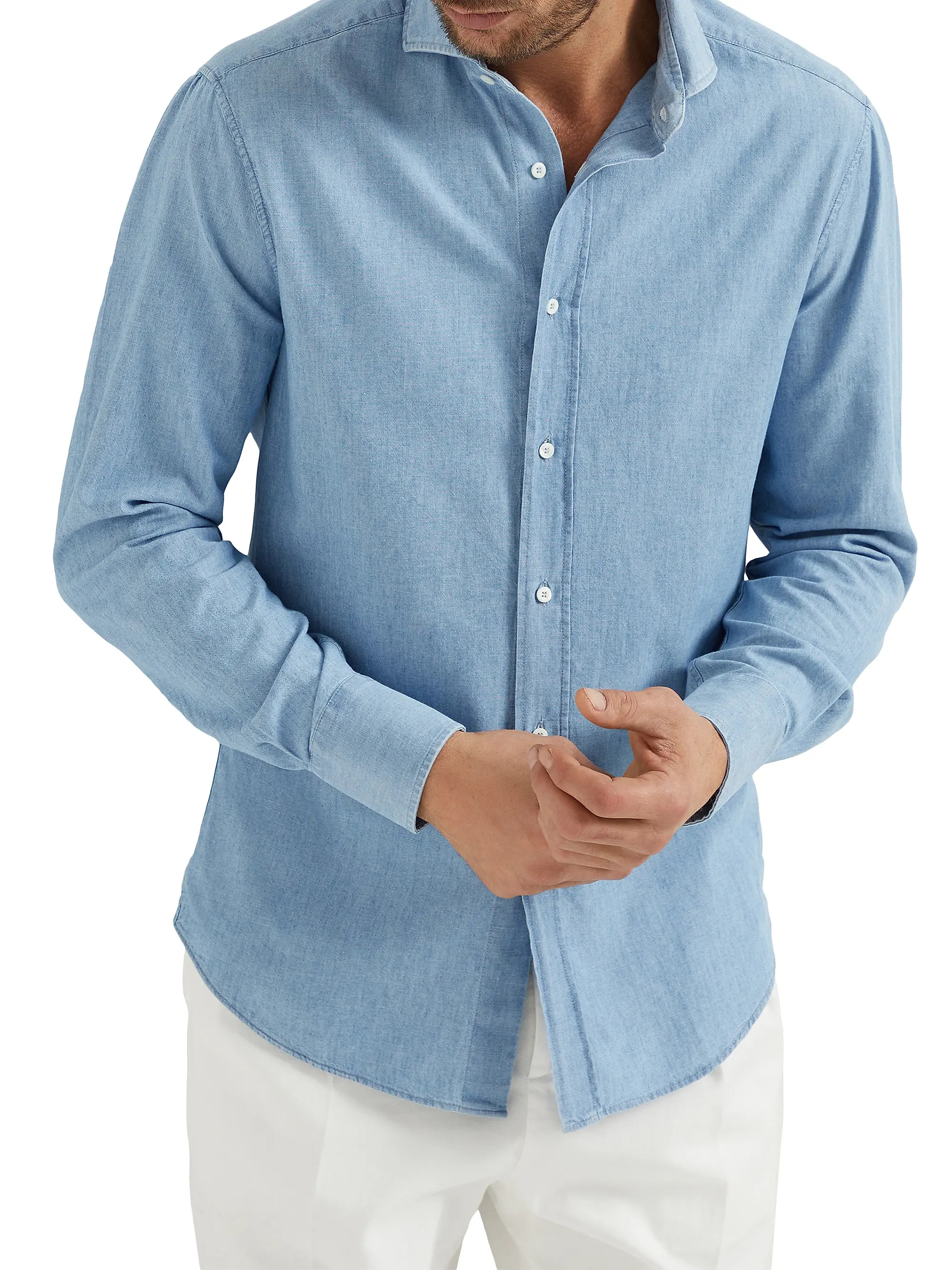 Denim Effect Chambray Slim Fit Shirt with Spread Collar | Saks Fifth Avenue