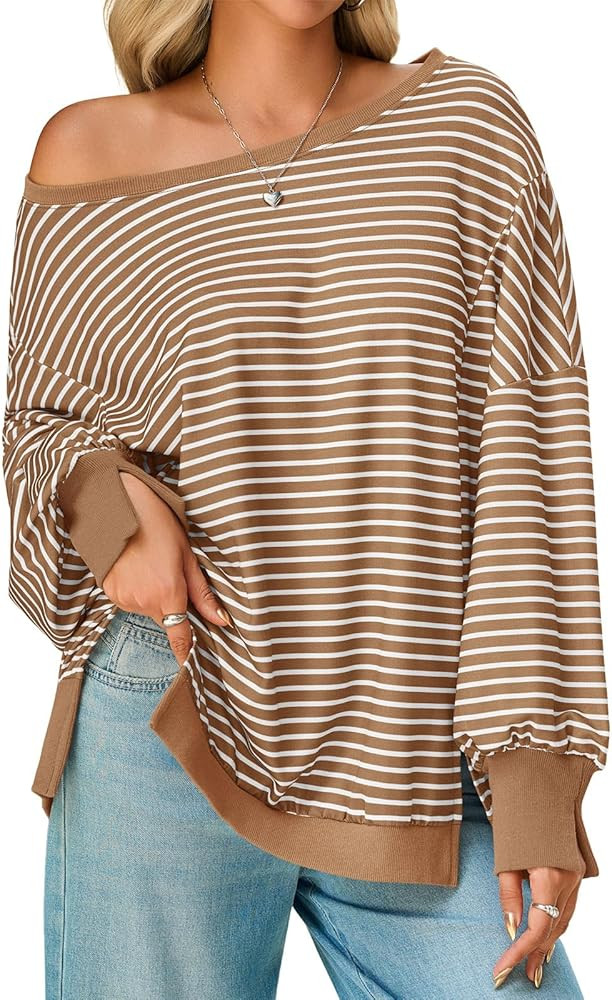 Tankaneo Womens Striped Oversized Sweatshirt Off The Shoulder Lantern Long Sleeve Top Split Fall ... | Amazon (US)