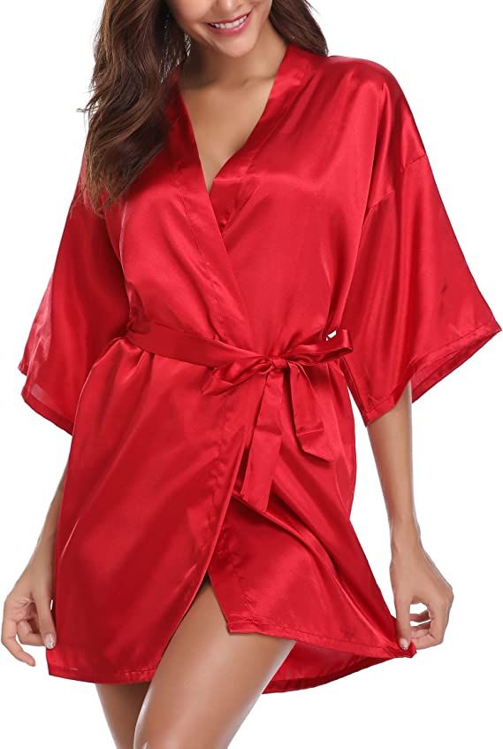 Vlazom Women's Kimono Robes Short Satin Pure Color Bridal Party Robe with Oblique V-Neck | Amazon (US)