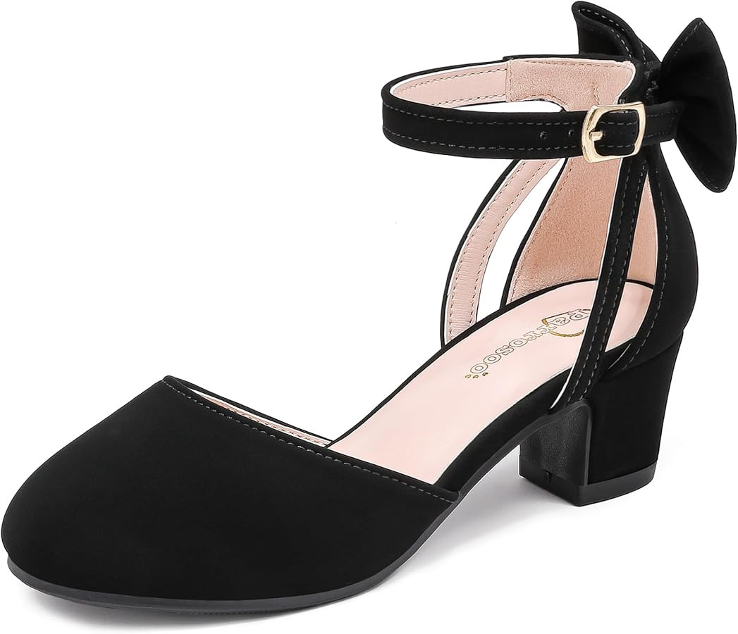 Girls Heels Dress Shoes Flower Girl Pumps with Cute Bow Closed Toe High Heels Adjustable Buckles ... | Amazon (US)