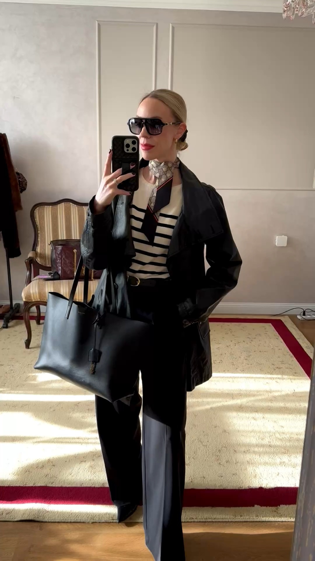 Work outfit, business casual, spring workwear, trench coat, striped top, Gucci silk scarf, YSL tote bag, style over 40

#LTKootd #LTKWorkwear #LTKOver40