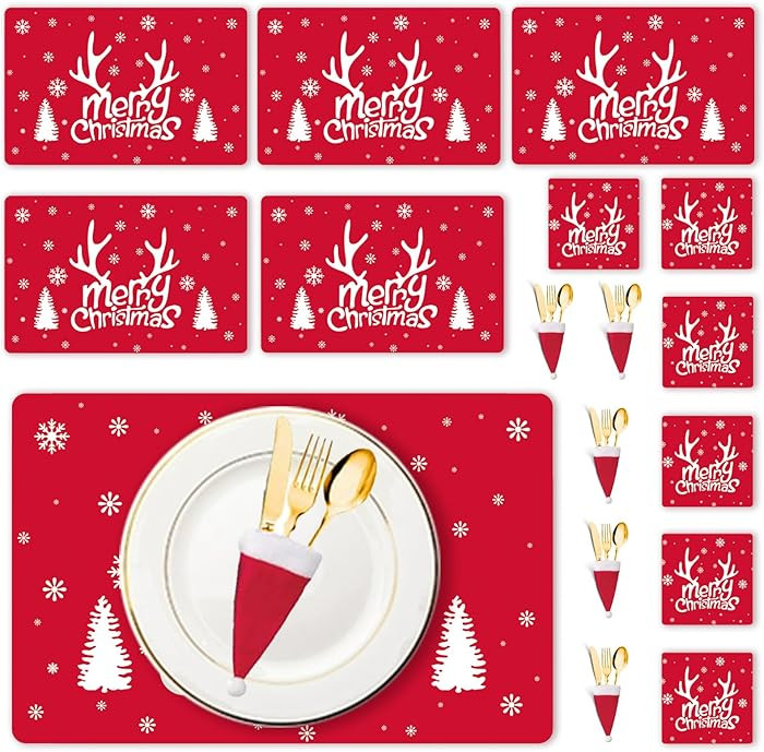 Christmas Table Decoration - 18Pcs Christmas Placemats Coasters Cutlery set, Christmas Placemats ... | Amazon (UK)