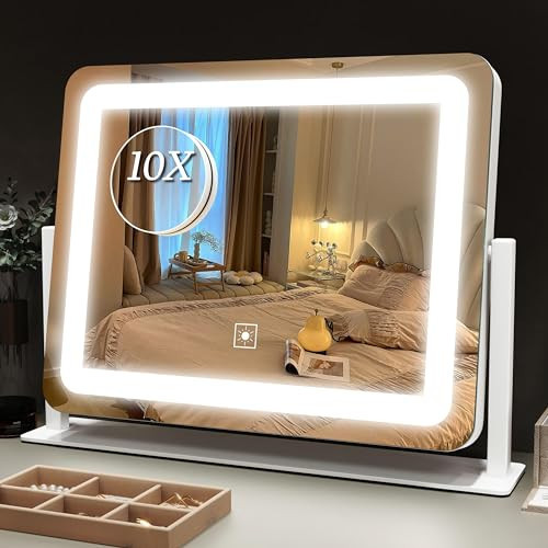 ROLOVE Vanity Mirror with Lights 15"x12", Lighted Makeup Mirror with 10X Magnification, 3 Color Lighting & Dimmable Brightness, Light Up Mirror for Desk, Bedroom, Bathroom | Amazon (US)