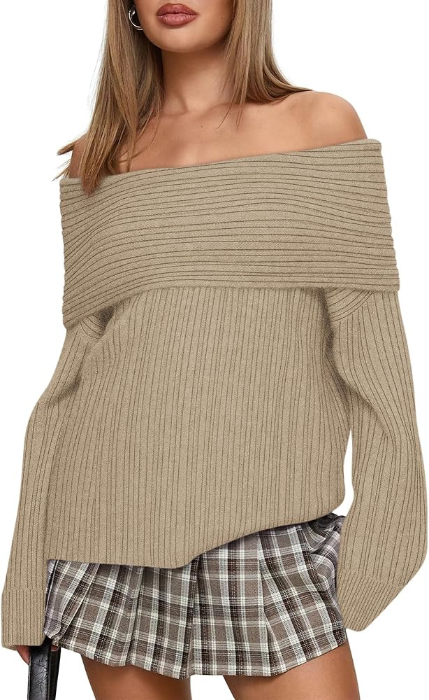 Womens Off The Shoulder Sweater Top Long Sleeve Fall Batwing Boat Neck Knit Sexy Casual Pullover | Amazon (US)
