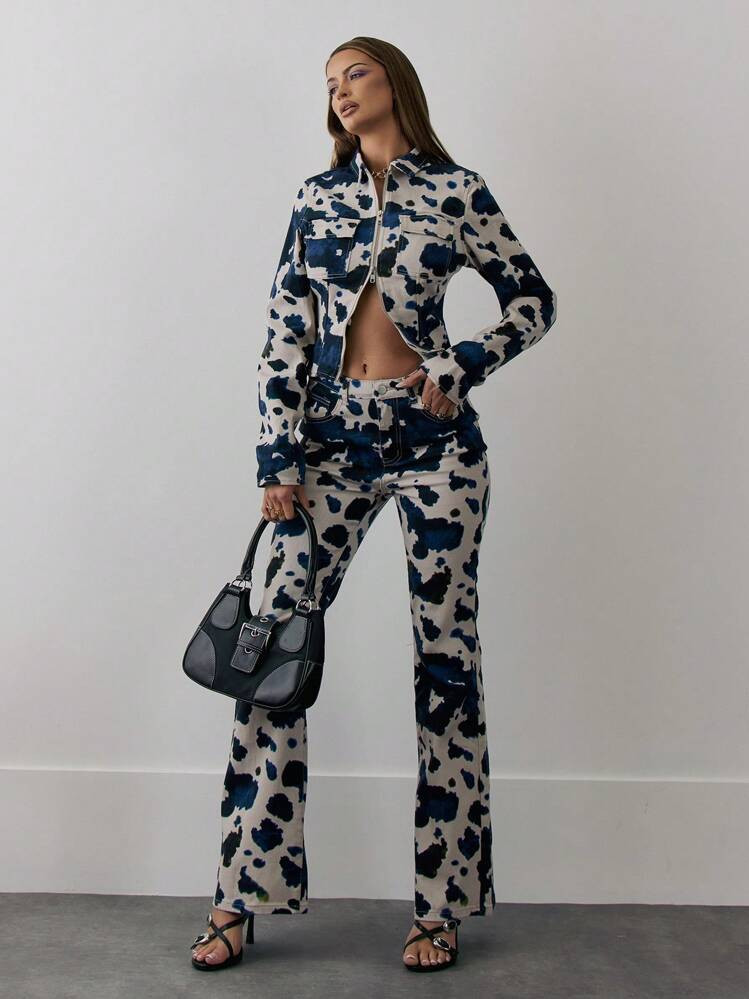 MUSERA Mid Rise Lace Up Cow Print Snatched Waist Flared Denim Jeans Spring 90's Y2k Cute | SHEIN