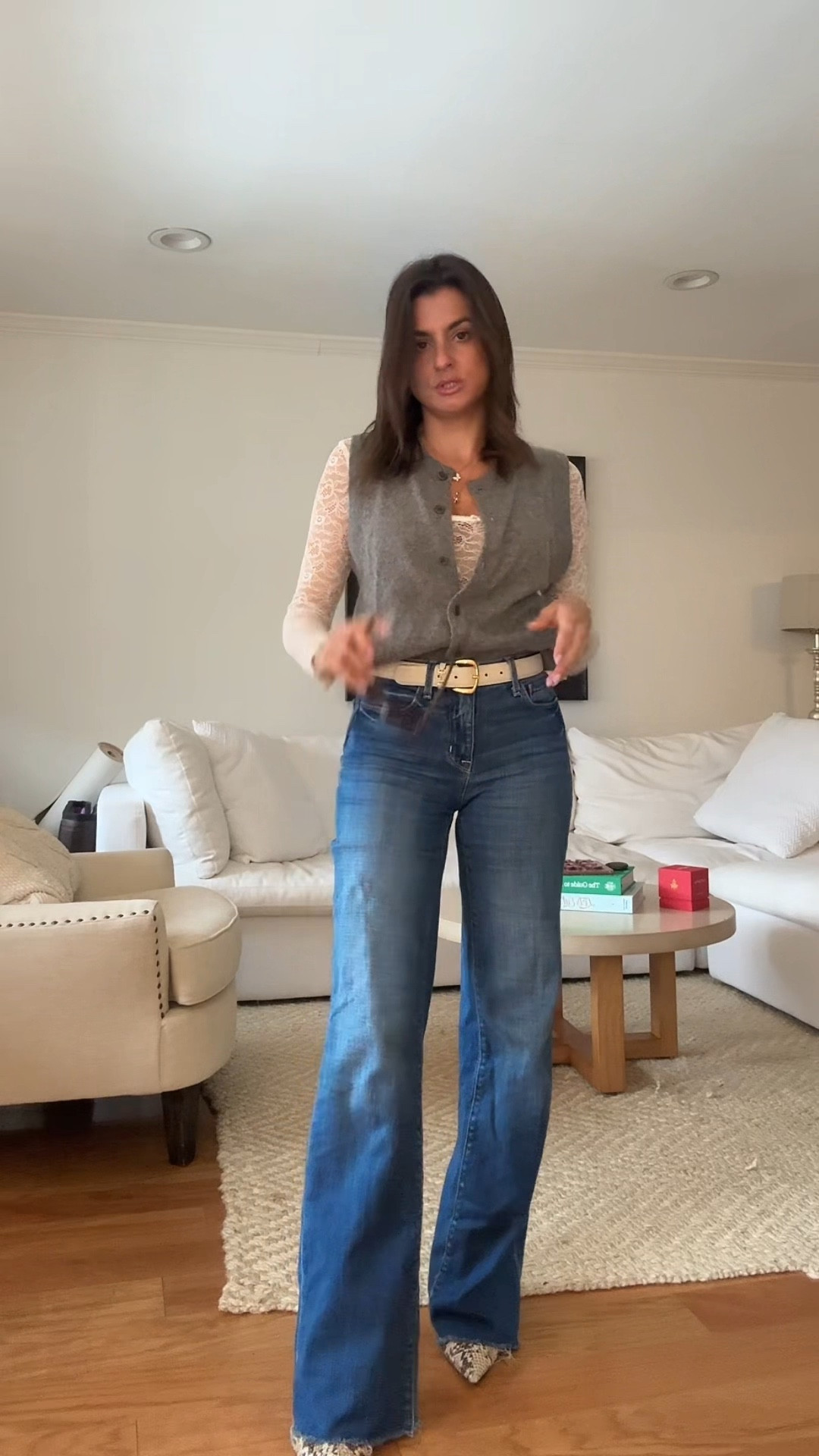 Layers cashmere vest with lace bodysuit and denim 