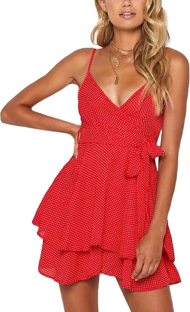 Relipop Women's Dressed Polka Dot Print Spaghetti Strap V Neck Waist Tie Knot Layered Ruffle Hem ... | Amazon (US)