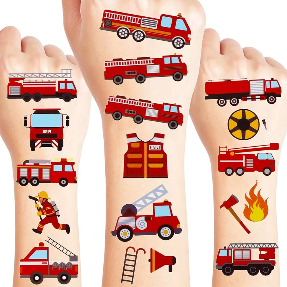 24 Sheets Fire Truck Temporary Tattoos, Birthday Decorations Firetruck Firefighter Party Favors | Amazon (US)