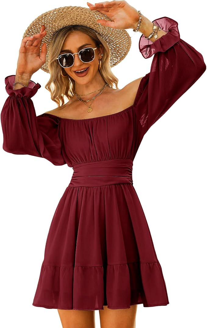 EXLURA Women Tie Back Summer Dresses Long Lantern Sleeve Square Neck Ruffle Elastic Waist Aline C... | Amazon (US)