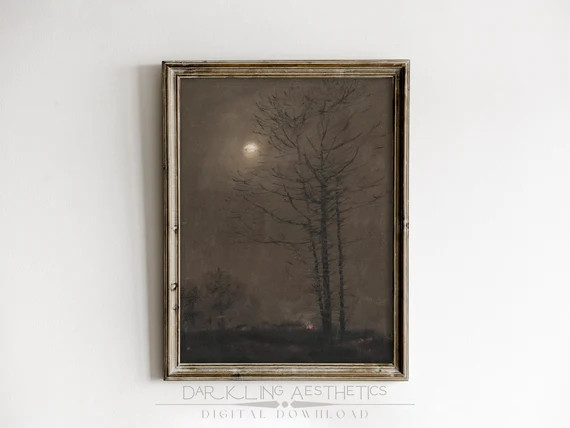 Dark Moon & Tree Painting  Vintage Moody Cottagecore - Etsy | Etsy (US)