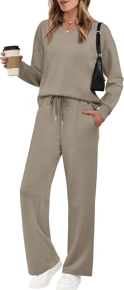 WIHOLL Lounge Sets for Women 2025 V Neck 2 Piece Outfits Airport Wide Leg Pants Matching Set Swea... | Amazon (US)