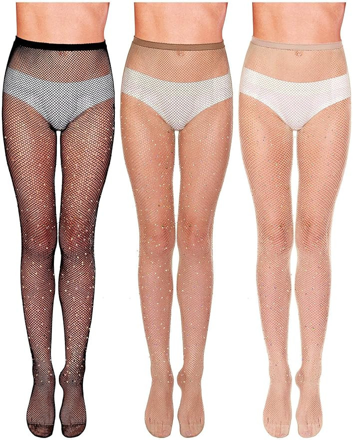 SATINIOR 3 Pieces Rhinestone Fishnet Stockings Fishnet Tights Glitter Pantyhose High Waist Mesh S... | Amazon (US)