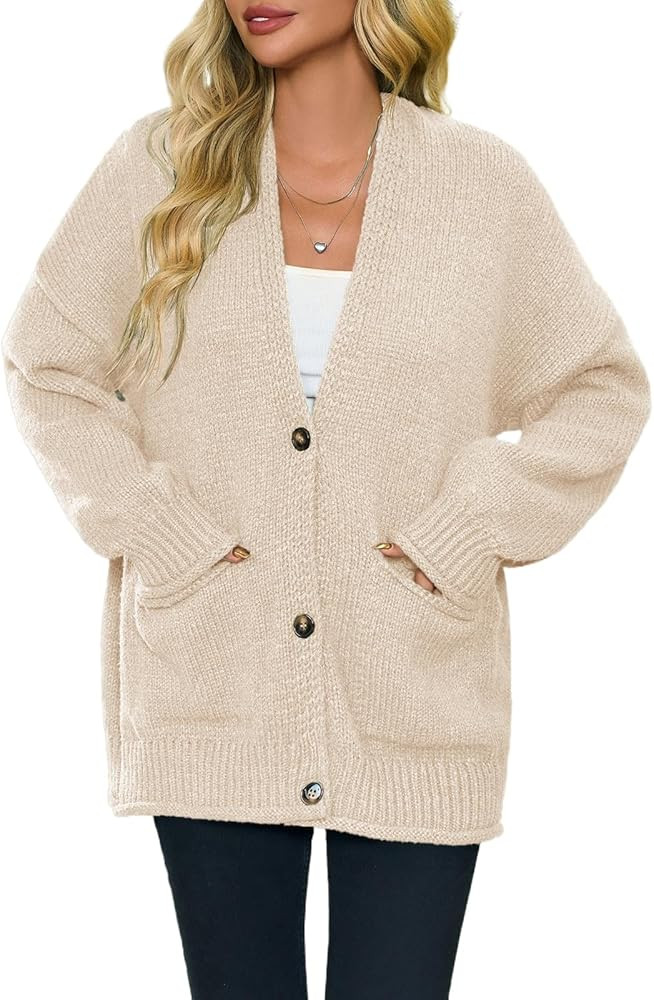 Saodimallsu Womens Chunky V Neck Cardigan Sweater Puff Sleeve Knit Cardigans Button Down Outwear ... | Amazon (US)