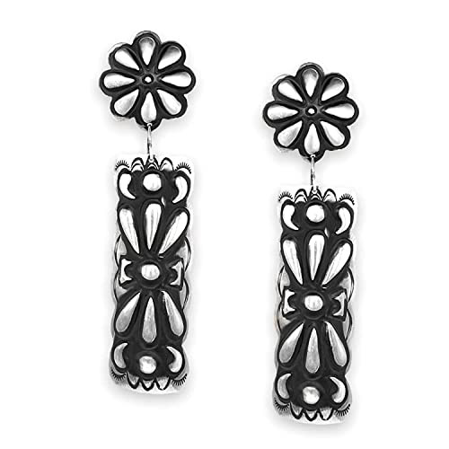 Genuine Oxidized Sterling Silver Statement Earrings, Authentic Native American USA Handmade in New Mexico, Long Jewelry for Women, Post with Drop Dangle, Oxidized Vintage Antique Style | Amazon (US)