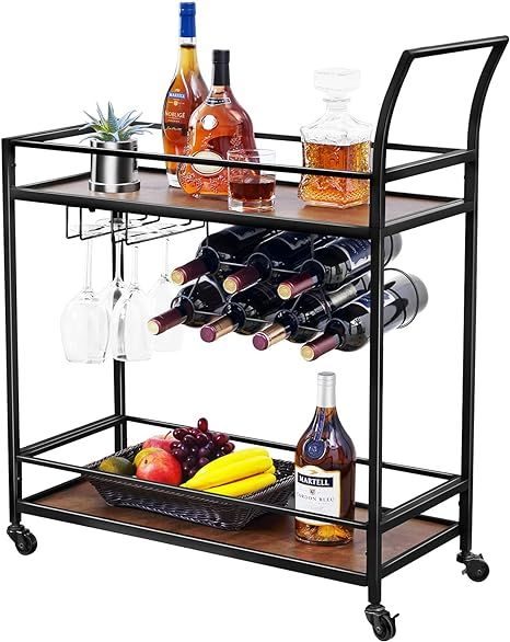 Wine Bar Serving Cart for Home, Wine Trolley Rolling Bar Cart with Wheels, Handle, Metal Wood Win... | Amazon (US)
