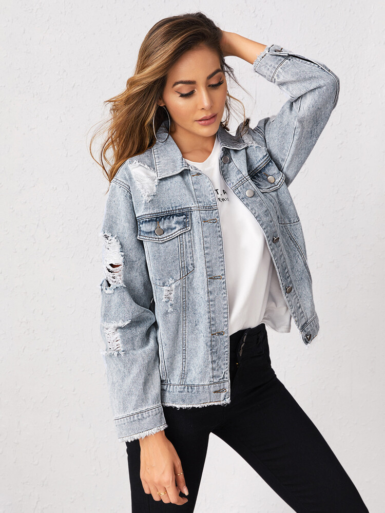 SHEIN Raw Hem Ripped Detail Denim Jacket | SHEIN