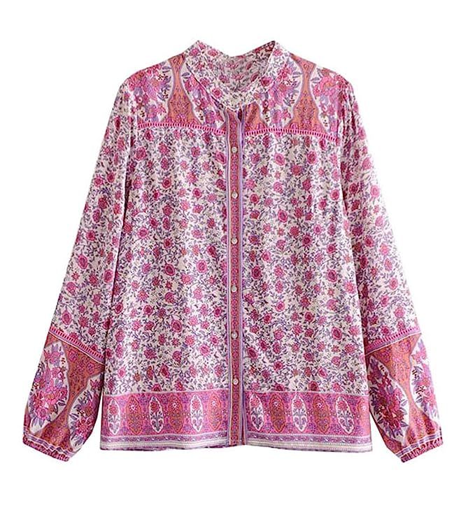 R.Vivimos Women's 3/4 Sleeve Floral Print Ruffle Boho Button Up Shirt Cotton Tops Blouses | Amazon (US)