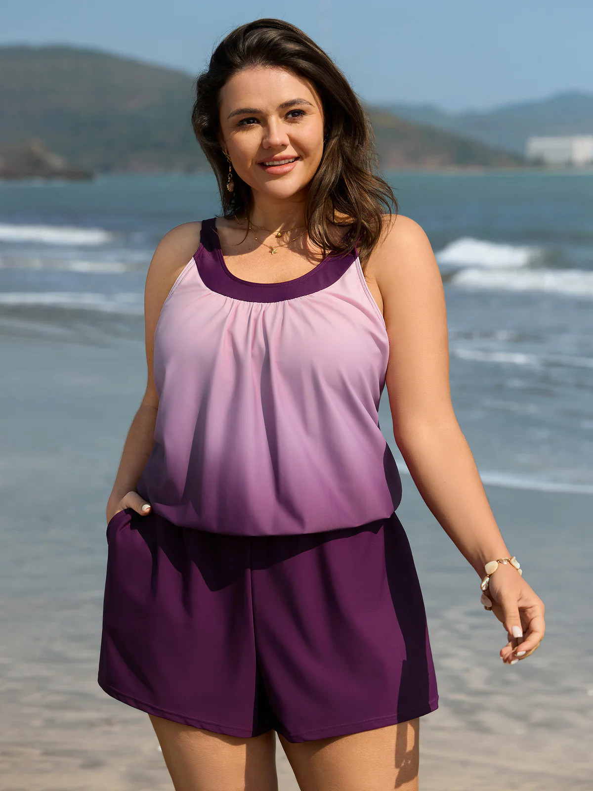 Color Gradient Adjustable Pockets One-Piece Swimsuit | Bloomchic