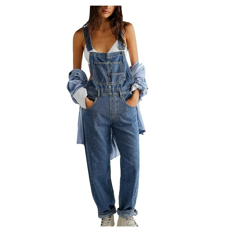 BLTIBY 2024 Women's Overalls Loose Fit Ladies Jeans Summer Solid Color Fashion Baggy Suspenders B... | Walmart (US)