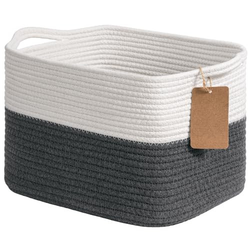 Goodpick Woven Storage Basket for Shelves, Baskets for Organizing, Cotton Rope Baskets with Handles, Rectangle Basket for Baby Toy Storage, 13 x 10 x 9 Inches, White & Dark Gray | Amazon (US)