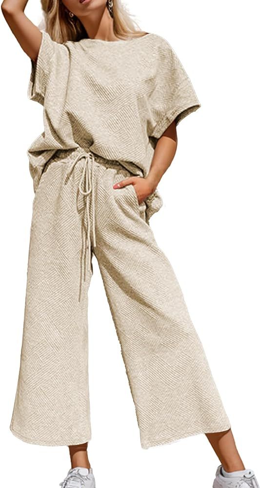 Women's 2 Piece Outfits Textured Sweatsuit 3/4 Batwing Sleeve Crew Neck Pullover Top Wide Leg Pan... | Amazon (US)