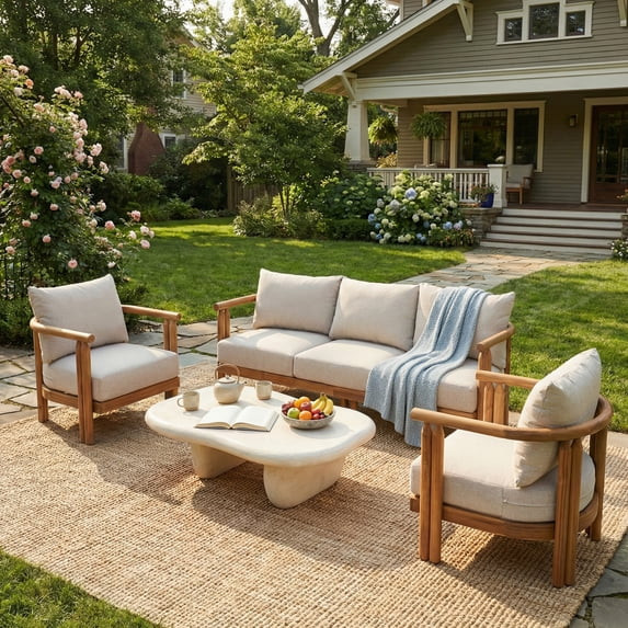 Christopher Knight Home 3-Piece Outdoor Acacia Wood Sofa Set with Beige Cushions, 5 Seats, Light ... | Walmart (US)