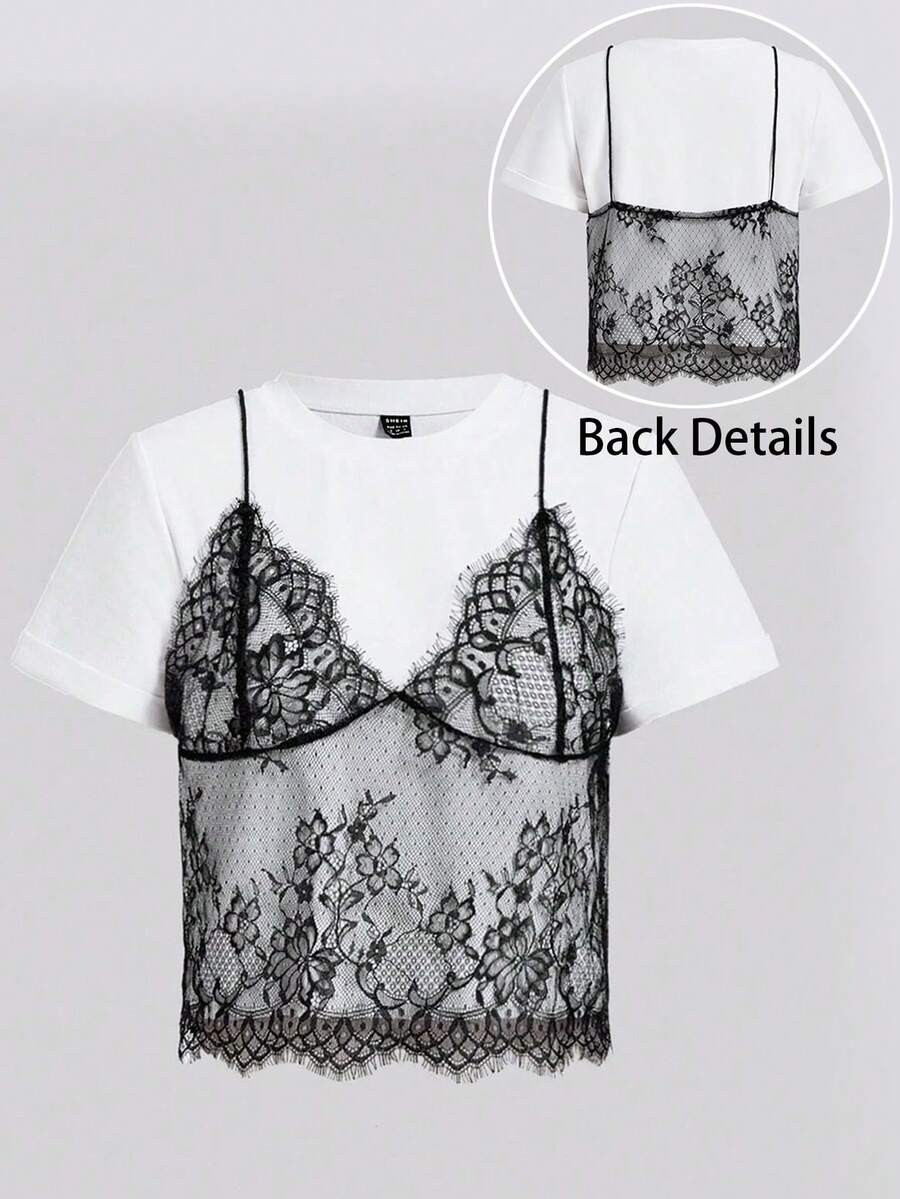 SHEIN Tall CURVE Plus Summer White Lace Spliced Round Neck Short Sleeve T-Shirt (2 In 1),Lace Pat... | SHEIN