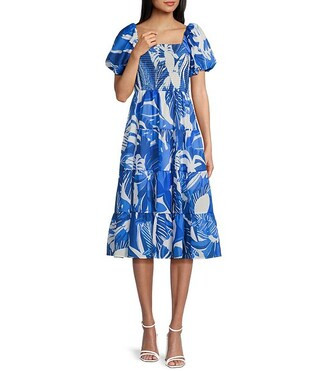 Midnight Doll Floral Print Short Puff Sleeve Smocked Bodice Midi Dress | Dillard's | Dillard's