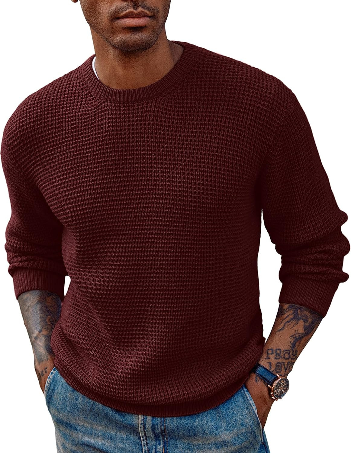PJ PAUL JONES Mens Waffle Knit Sweaters Casual Crewneck Pullover Sweaters | Amazon (US)