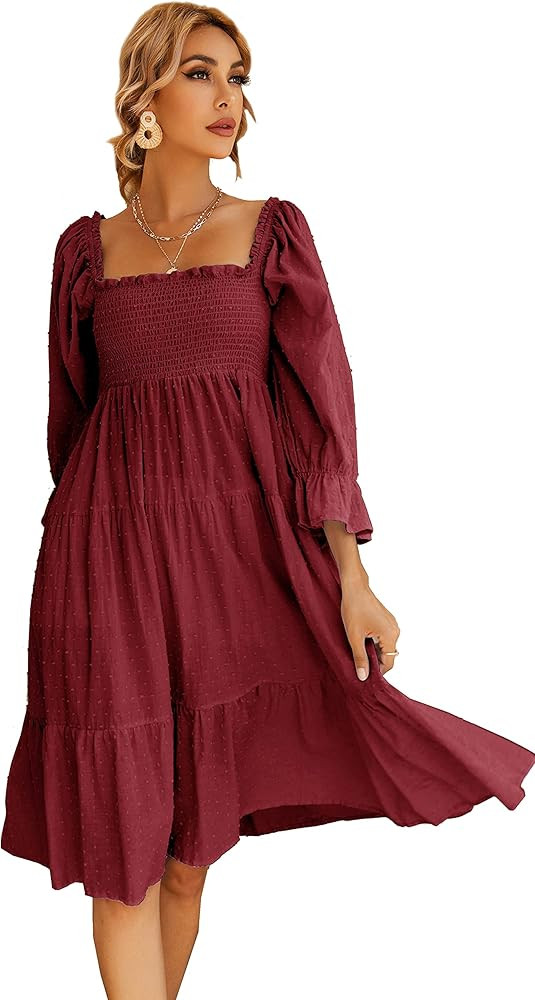 R.Vivimos Women's Summer Cotton Plaid Puff Sleeves Bow Casual Off-Shoulder Boho Midi Dress | Amazon (US)