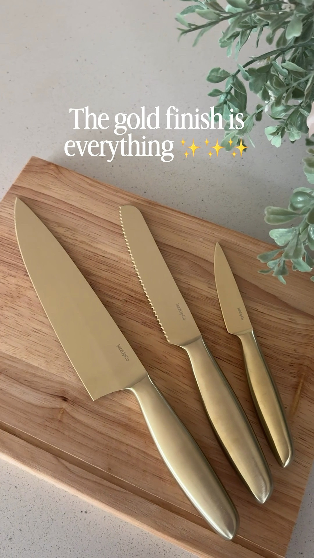 I replaced my ugly mismatched knives with this set from JazzUpCo ✨ the only three knives you’ll ever need! They are so sharp, have a stunning gold finish, and are completely non-toxic.

#LTKSaleAlert #LTKHome #LTKfoodie