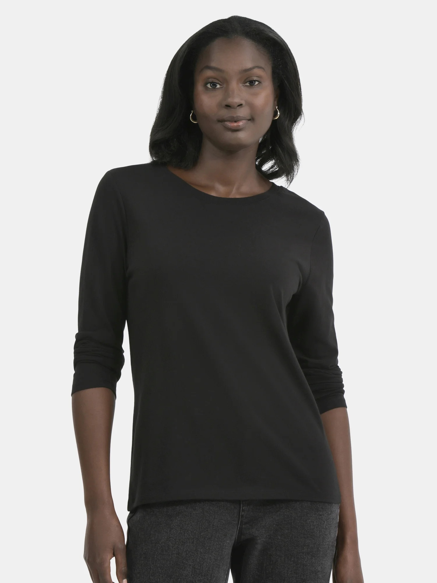 Time and Tru Women's Cotton Crewneck Tee with Long Sleeves, Sizes XS-XXXL | Walmart (US)