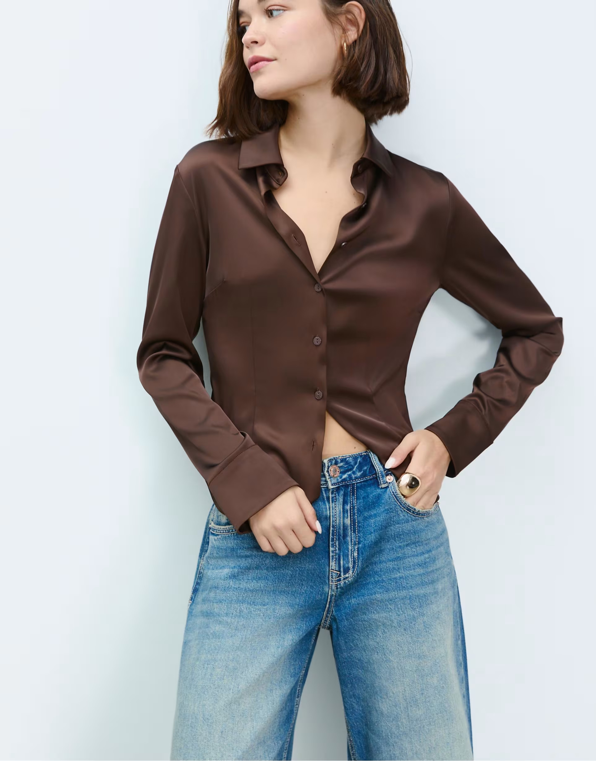 Stradivarius fitted satin shirt in brown | ASOS | ASOS (Global)