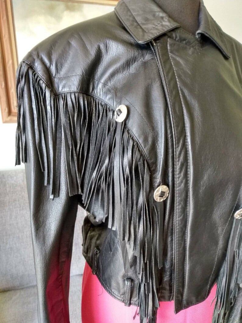 Woman's Black Leather Fringe Motorcycle Jacket Sz Med - Etsy | Etsy (US)