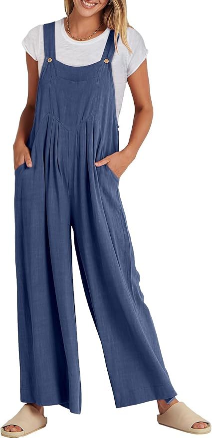 ANRABESS Womens Jumpsuits Overalls Wide Leg Casual Summer Outfits Linen Rompers Jumpers Sleeveles... | Amazon (US)