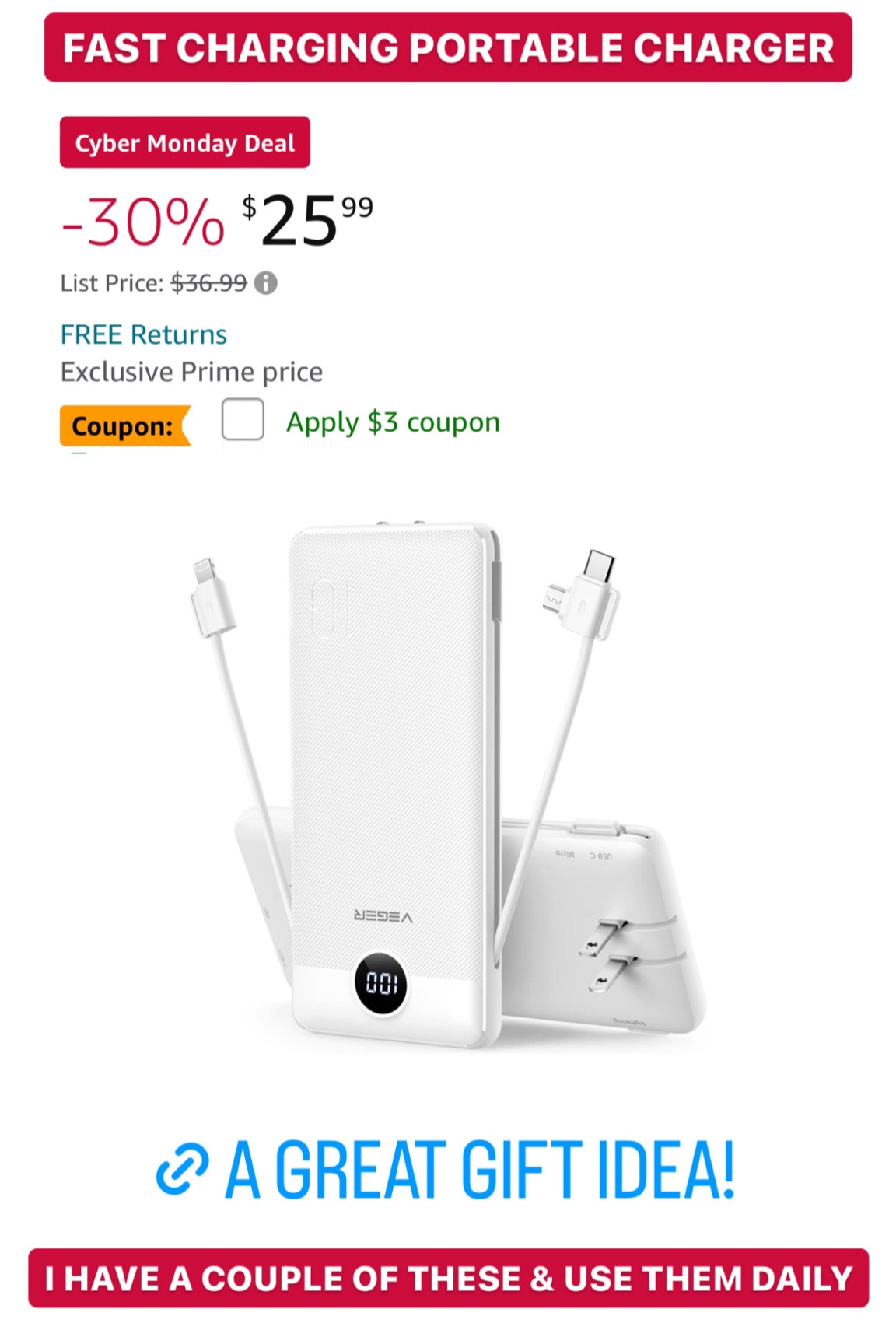 A great gift under $25. I have a couple of these and use them daily, more than I use my standard cord chargers. I gave one to my mom for Christmas last year and she loves it! 

#LTKCyberWeek #LTKHoliday #LTKGiftGuide