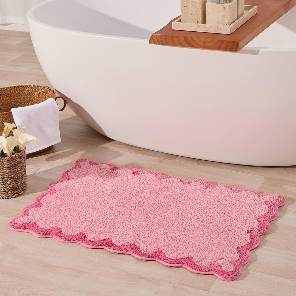 ORTIGIA Cute Pink Scalloped Bath Mat, Fun Plush Microfiber Scallop Bathroom Rugs Non Slip Washabl... | Amazon (US)