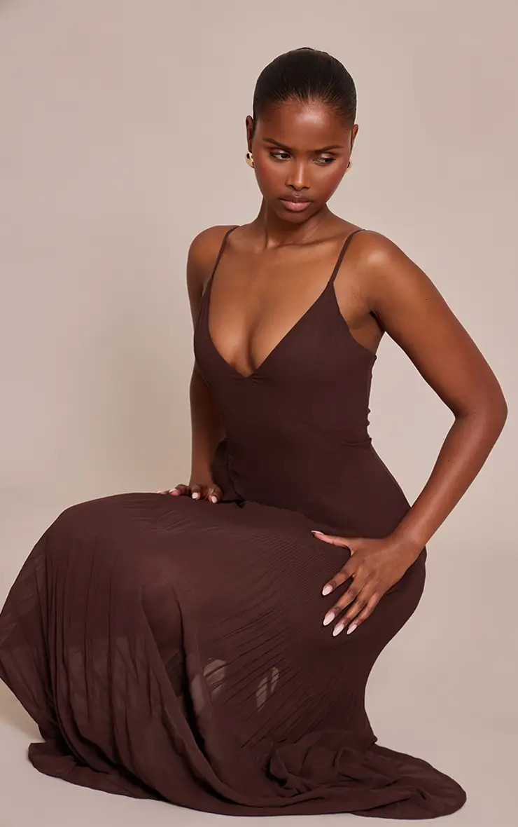 Dresses | Brown Woven Pleated Hem Detail Spaghetti Maxi Dress | PrettyLittleThing | PrettyLittleThing UK