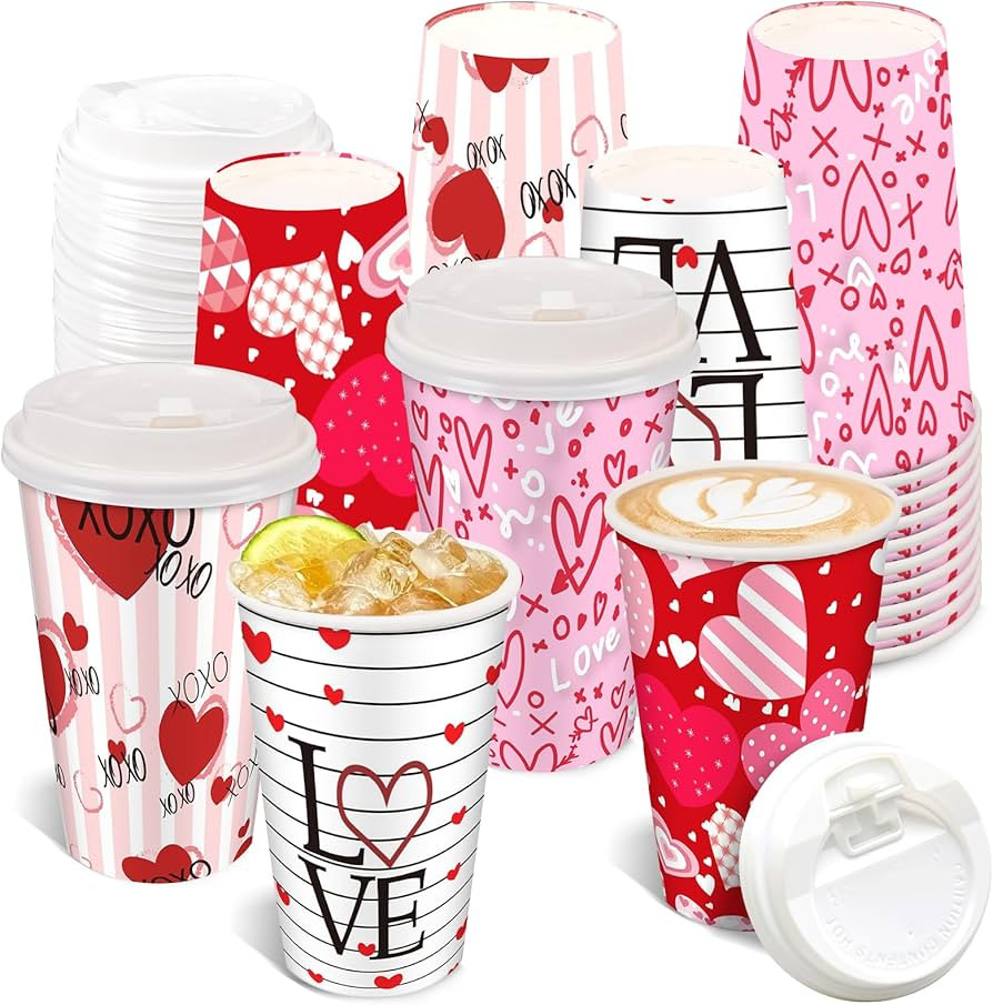 48 Pcs Valentine's Day Disposable Coffee Cups, 16oz Paper Wedding Cups with Lid, Suitable for Wed... | Amazon (US)