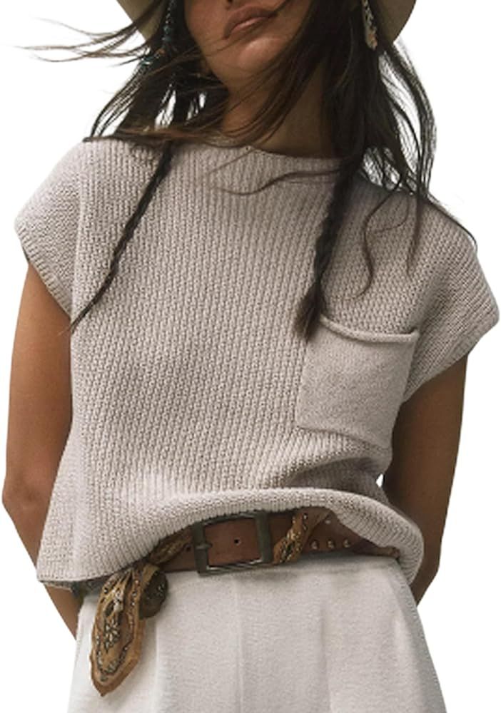Himosyber Women's Solid Sleeveless Vest Mock Neck Cap Sleeve Knitwear Sweater Tops | Amazon (US)